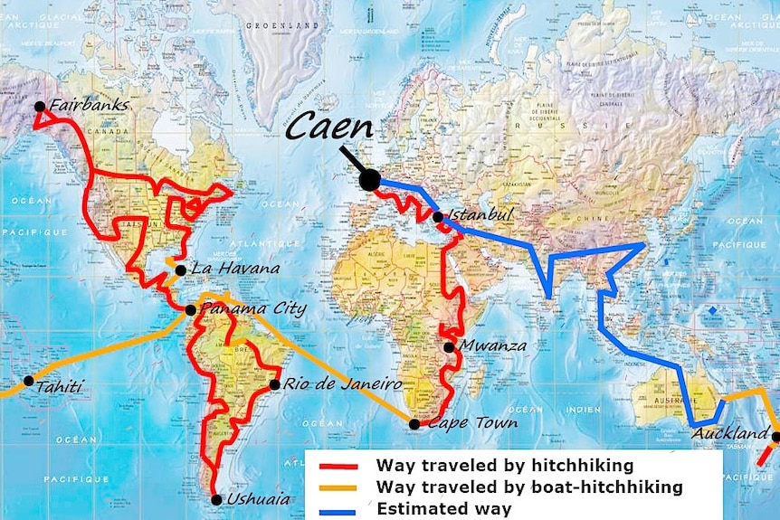 Long way around: Jeremy's hitchhiking itinerary.