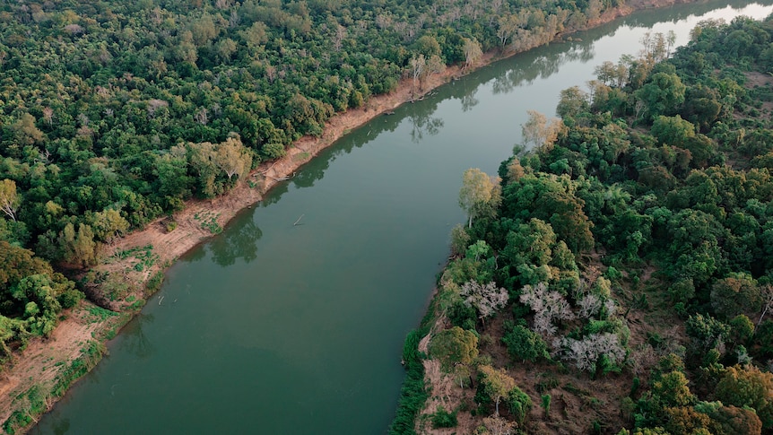 A drone shot of the Daly River.