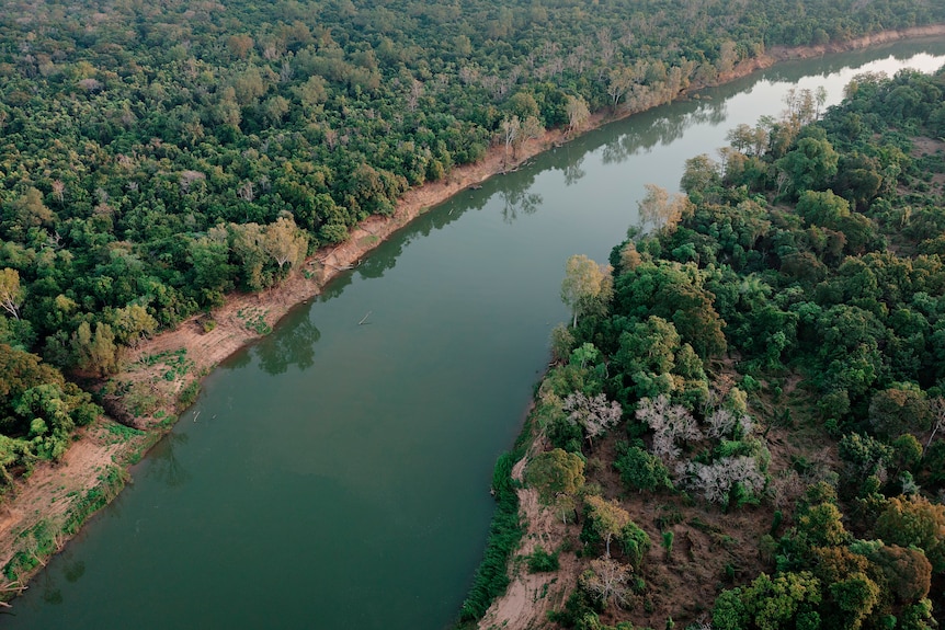 A drone shot of the Daly River.