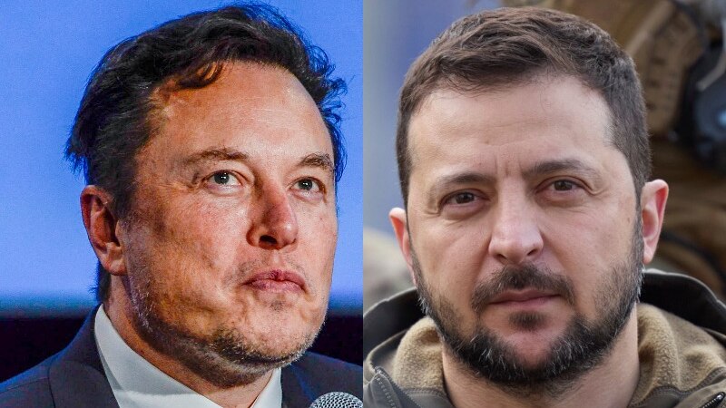 A composite image of Elon Musk and Volodymyr  Zelenskyy