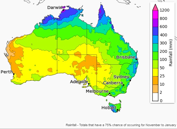 Map of Australia where southern WA shows low rainfall expected