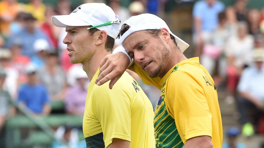 Australia's Lleyton Hewitt (R) and John Peers during their Davis Cup doubles against United States.