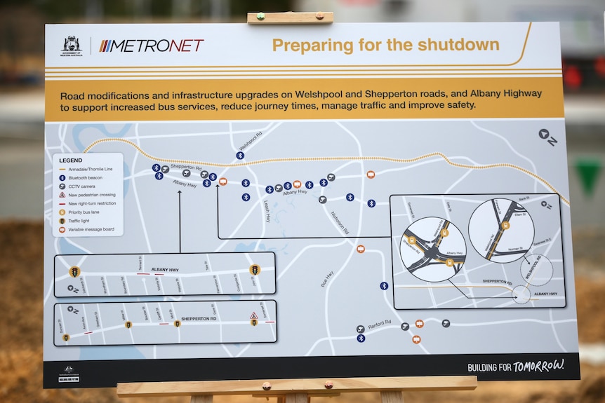 A map showing road modifications and infrastructure upgrades for the Armadale train line shutdown.