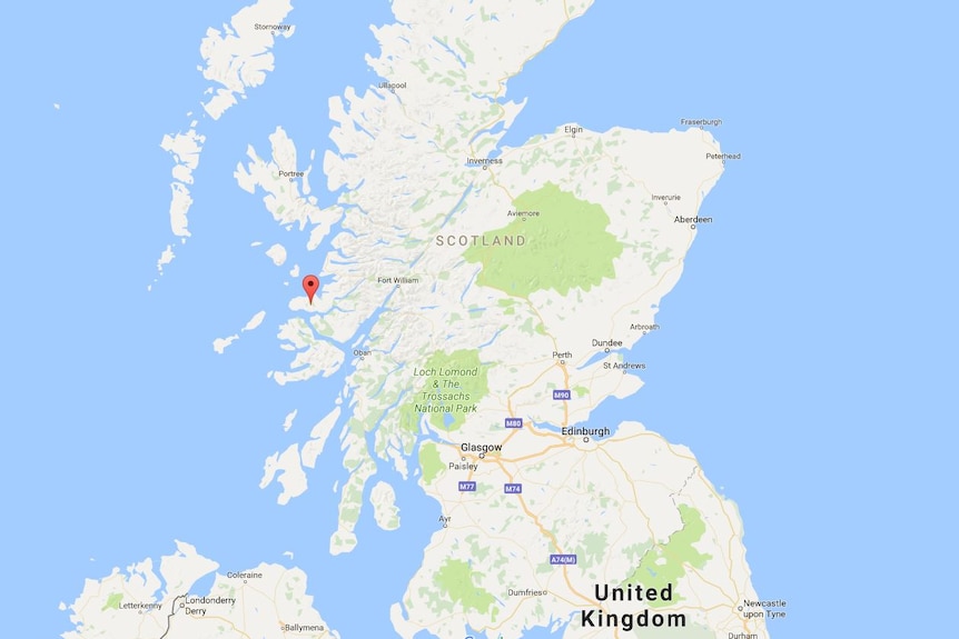 A google map of Scotland, with a pin dropped on the Ardnamurchan peninsula