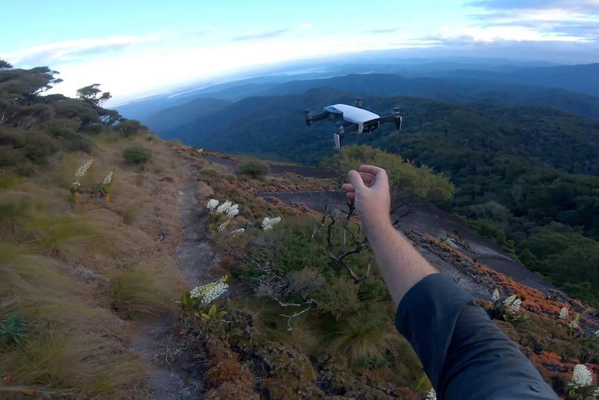 A drone floats over rugged bushland in far north Queensland