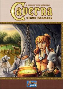 The box for the board game Caverna with an illustration of a woman in a cave with a donkey and big pot of food, sheep in the b/g