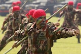 Indonesian soldiers from Kopassus special forces perform at a ceremony in Jakarta
