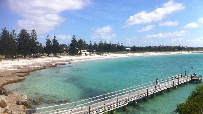 A jetty stretches out across blue water at Ellen Cove, Middleton Beach in Albany, Western Australia.