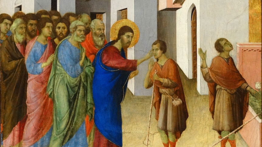 A painting of Jesus healing the eyes of a blind man, surrounded by followers.