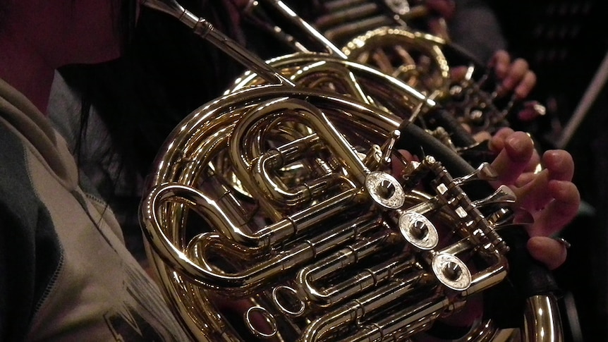 An up-close image of a man playing a horn in an orchestra.