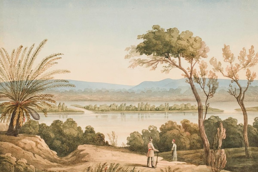 Painting of a river and low islands with two small figures in the foreground. 