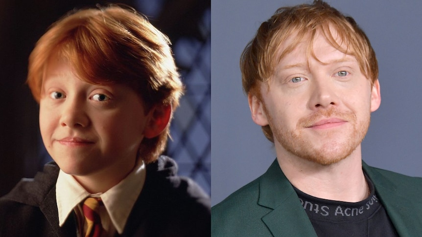 A composite of Rupert Grint as a young Ron Weasley, and the actor in 2019.