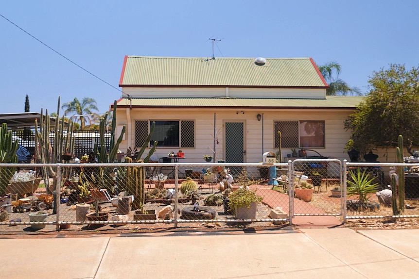 A house with a cactus garden in front of it.