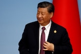 Xi Jinping standing in front of a Chinese flag. 