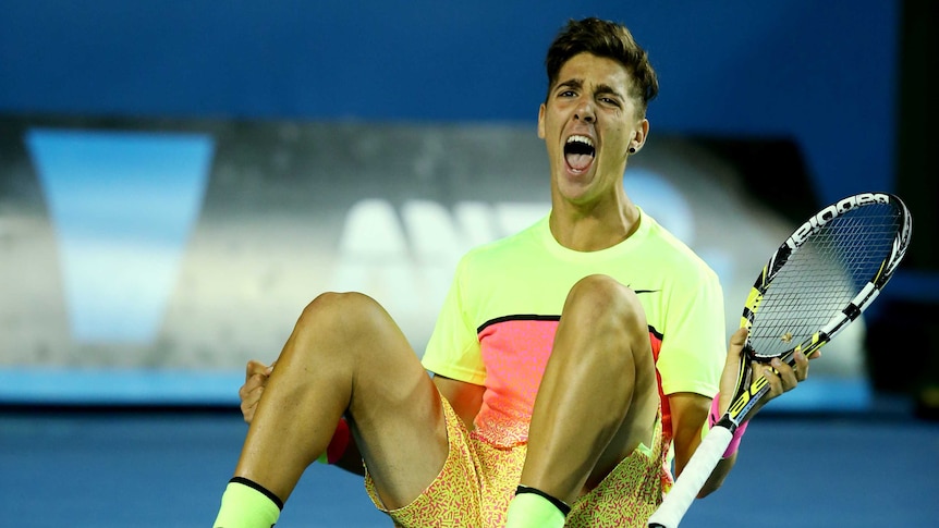 What a night ... Thanasi Kokkinakis celebrates his win over Ernests Gulbis