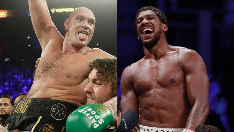 Composite photo: Boxer on the left raising his fist in the air with his tongue out while the boxer on the right has a huge smile