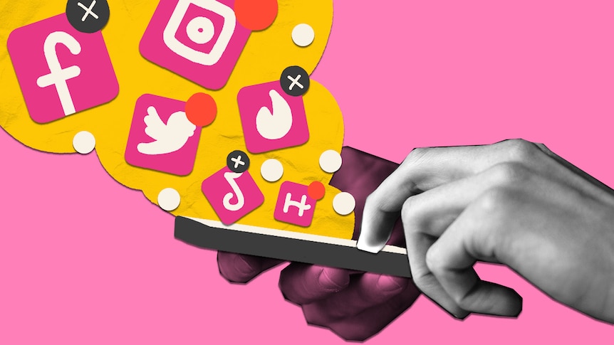 An image of black and white hands holding an illustrated phone with social media icons flowing out against a pink back.