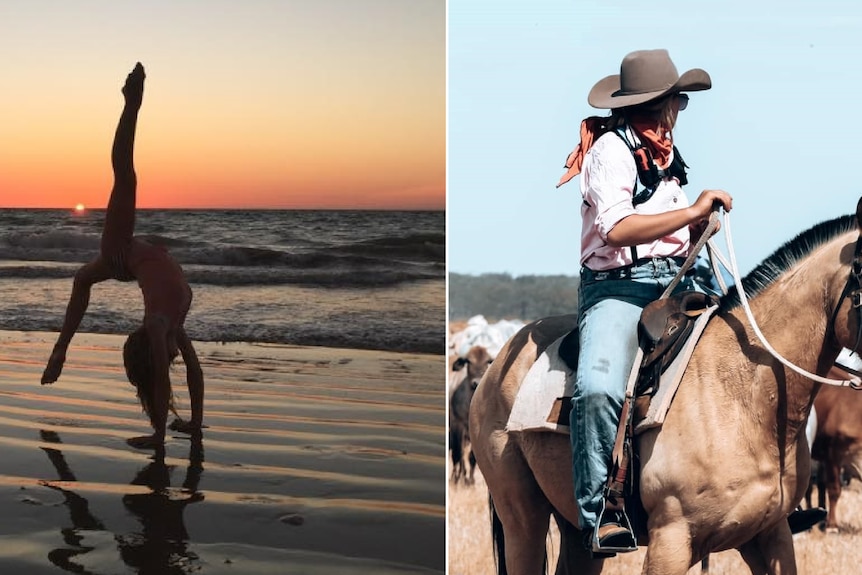 Two photos: a woman doing upside down splits on the beach at sunset and a woman on horseback.