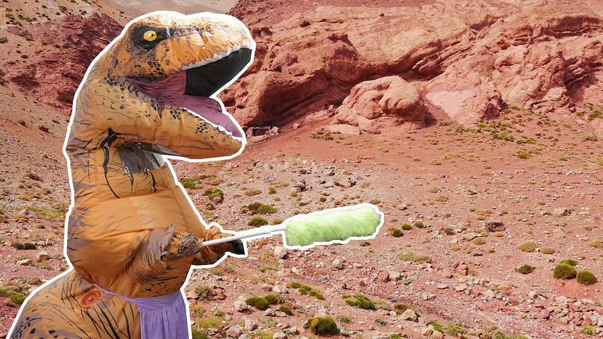 An inflatable dinosaur costume holds a cleaning duster in front of a red, rocky landscape.