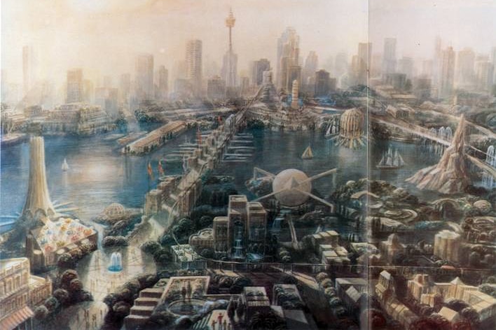 A sketch of a future Darling Harbour with theme parks, a planetarium and aquarium