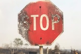 Close-up of burnt stop sign on road in bushfire-ravaged area at Sarina Beach in north Queensland.