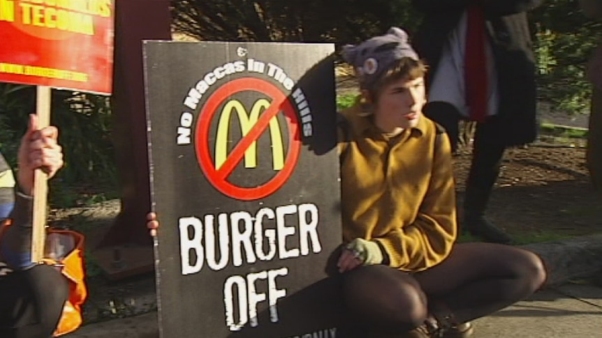 'Burger off' placard - a protest against McDonalds