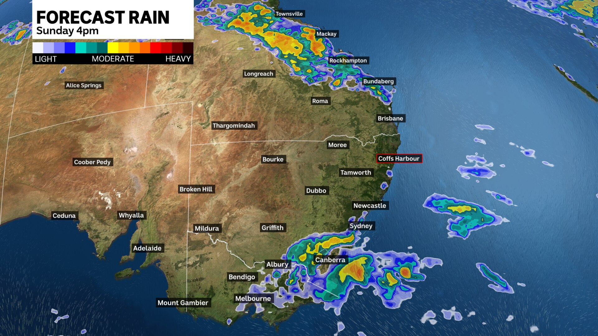 a map of australia showing where rain will fall on sunday and how much