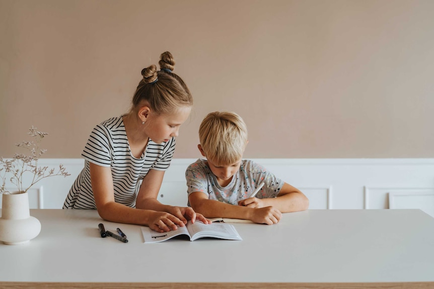 An older sister helping her brother with his work.