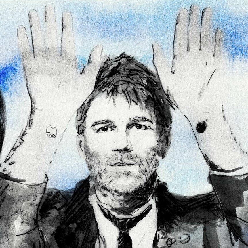 An illustration of LCD Soundsystem frontman James Murphy with raised hands, standing in between two disco balls