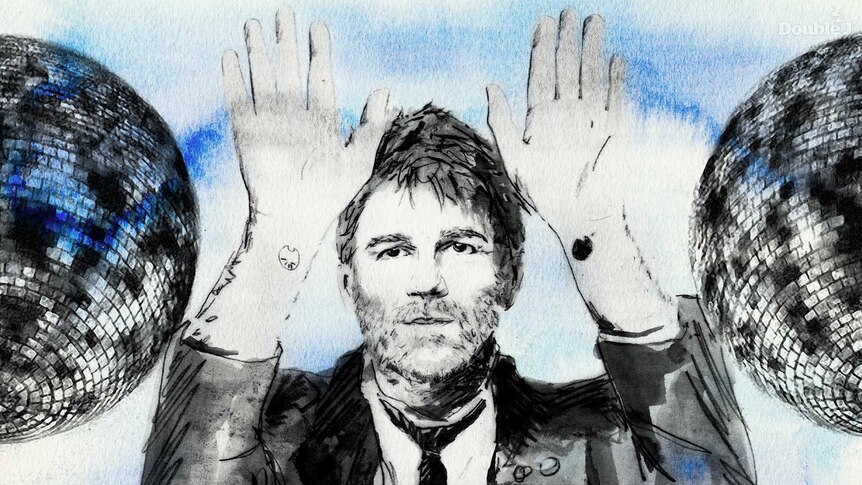 An illustration of LCD Soundsystem frontman James Murphy with raised hands, standing in between two disco balls