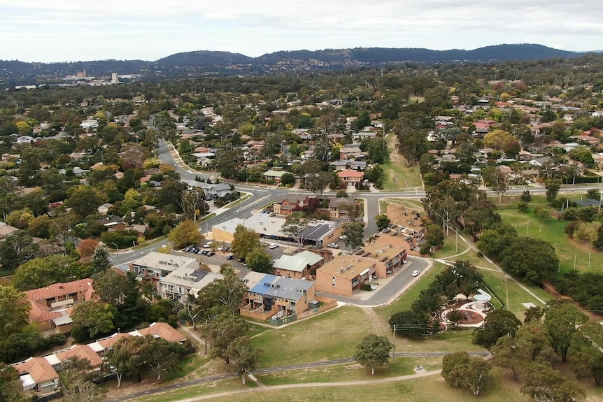 a drone shot of the waramanga shops also shows a playground