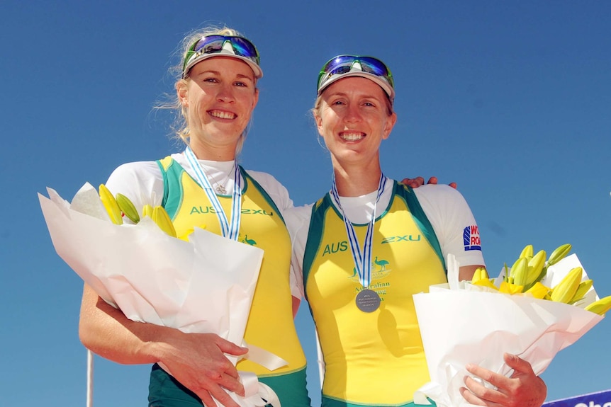 Tasmanian rower Kerry Hore (R) with Australian team-mate Kim Brennan.