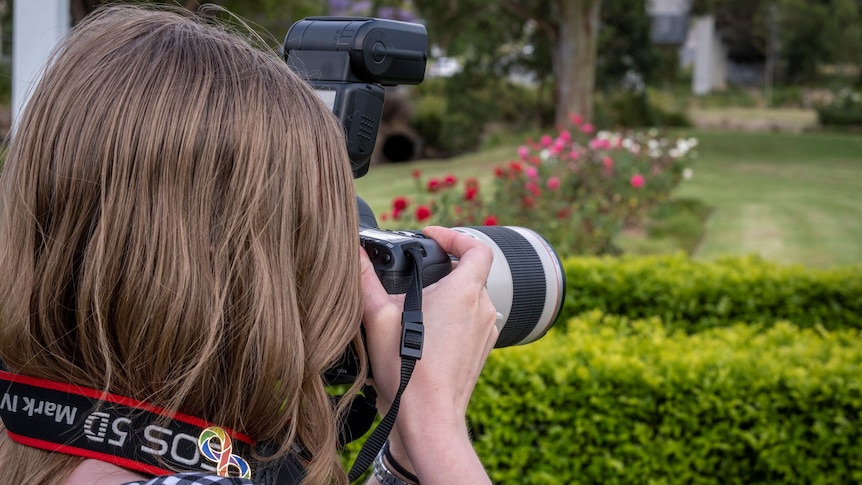 A photograph taken over the shoulder of a woman with long brown hair taking a photograph in a garden.