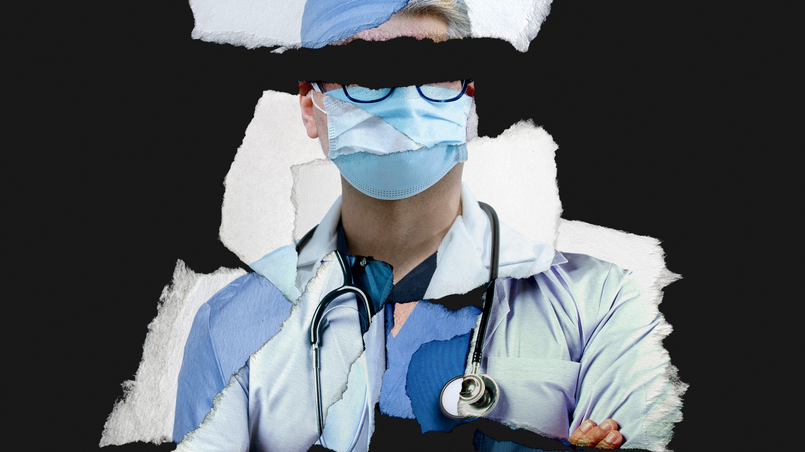 Torn pieces of paper forming the head shoulders and obscured faces of a doctor with a face mask and stethoscope