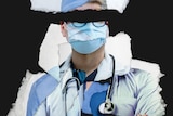 Torn pieces of paper forming the head shoulders and obscured faces of a doctor with a face mask and stethoscope