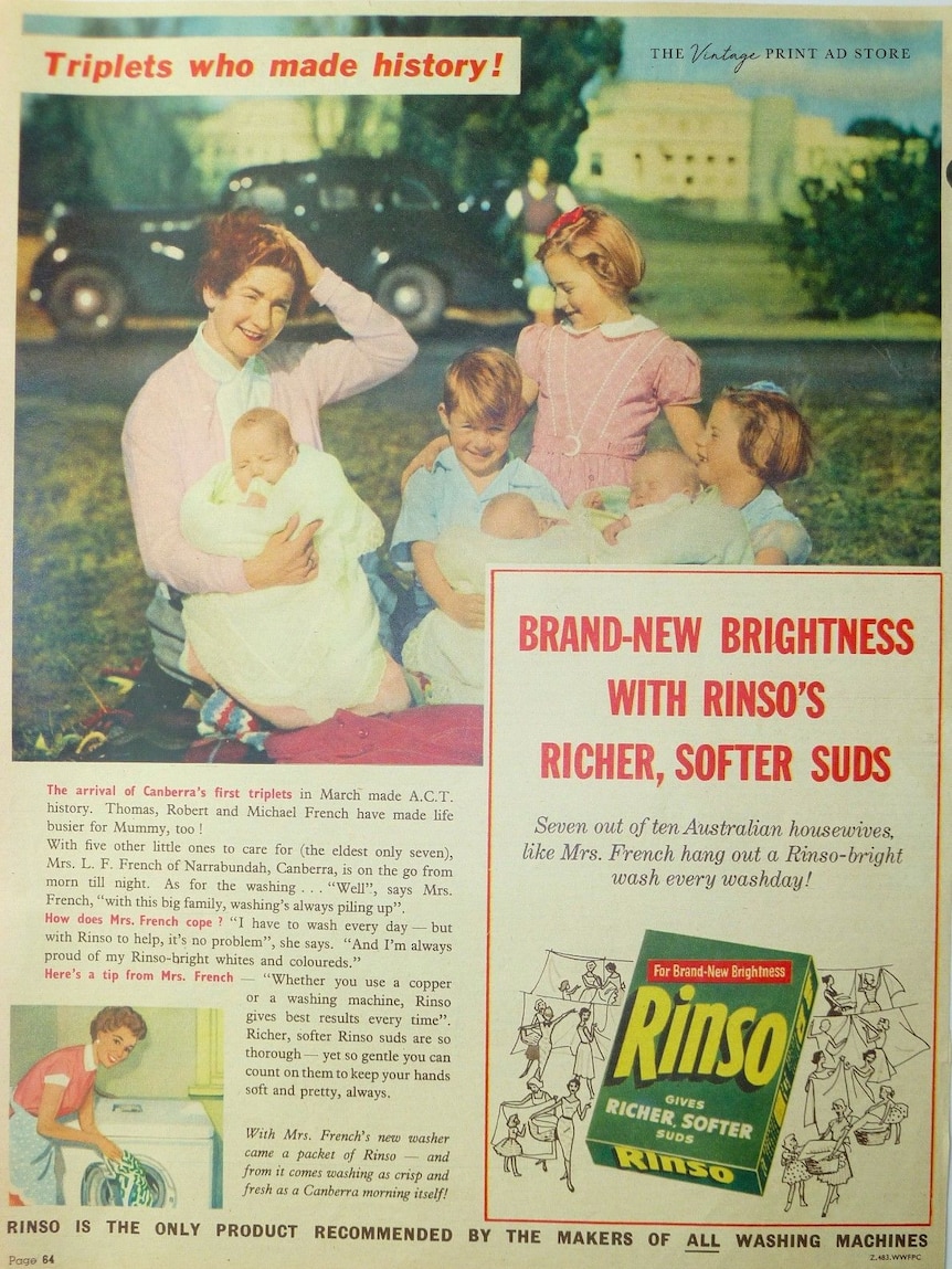 An old print ad for Rinso washing powder featuring Canberra's first triplets in front of Old Parliament House.