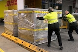 Two workers in hi vis at an airport, pushing a crate wrapped in plastic into a truck.