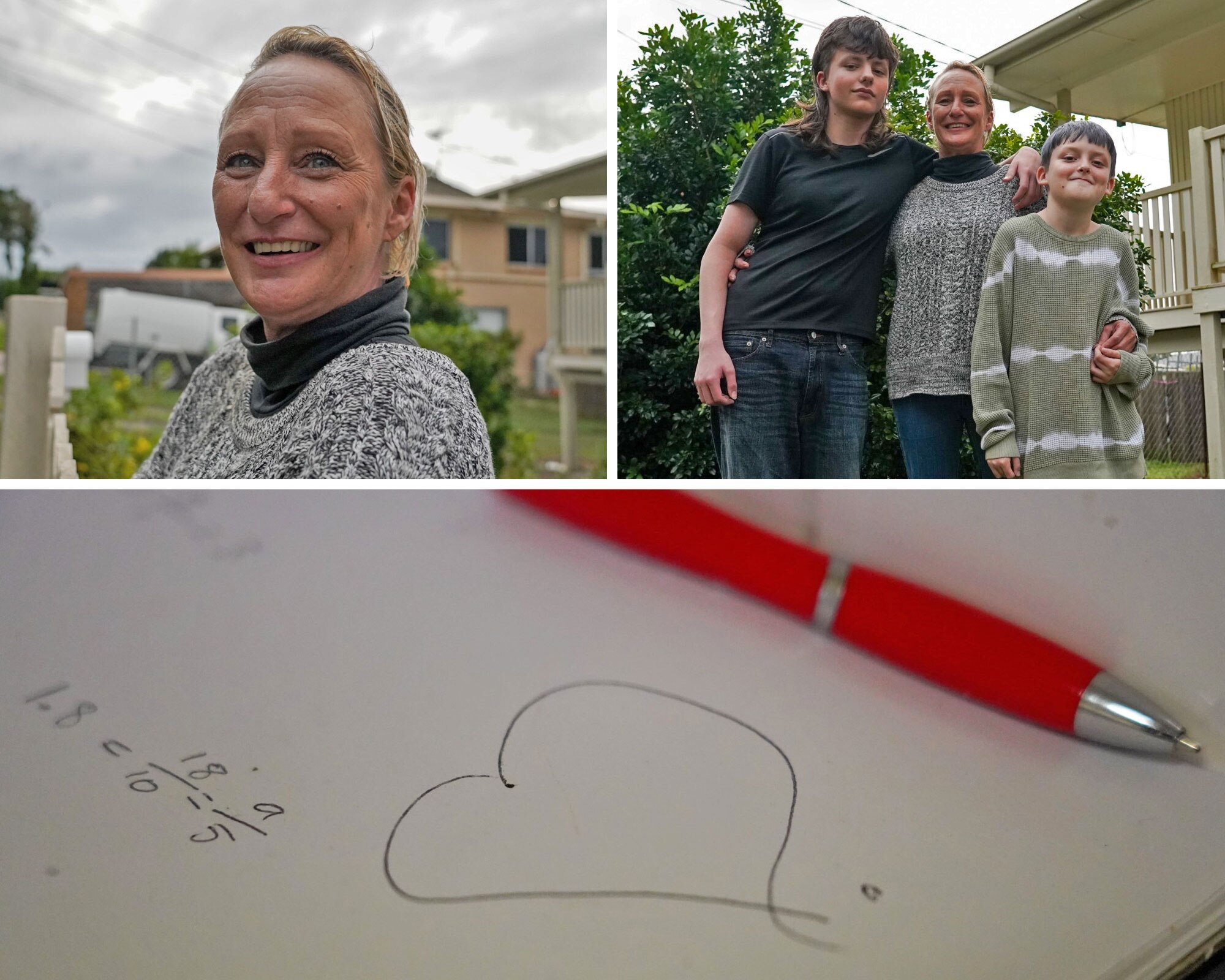 Woman standing at fence, woman and her two sons, drawing of heart