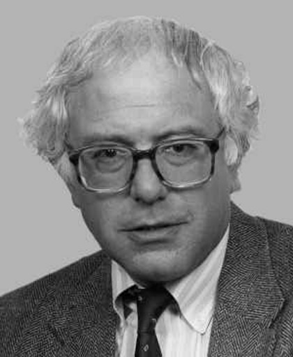 A black and white headshot of Bernie Sanders