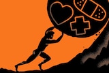 Illustration shows a person pushing a boulder with a first-aid symbol up a hill to depict how health advice isn't open for all.
