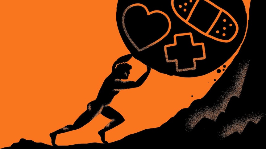 Illustration shows a person pushing a boulder with a first-aid symbol up a hill to depict how health advice isn't open for all.