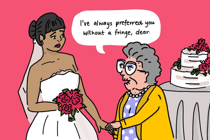 Illustration shows older woman telling bride she prefers her hair another way