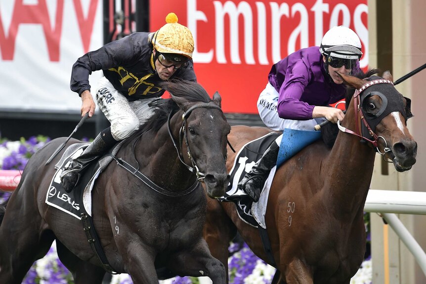 Dwayne Dunn on Excess Knowledge and Damian Lane on Zanteca in the finish of the Lexus Stakes