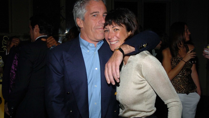 Jeffrey Epstein hugs Ghislaine Maxwell at a party, with an arm around her shoulders