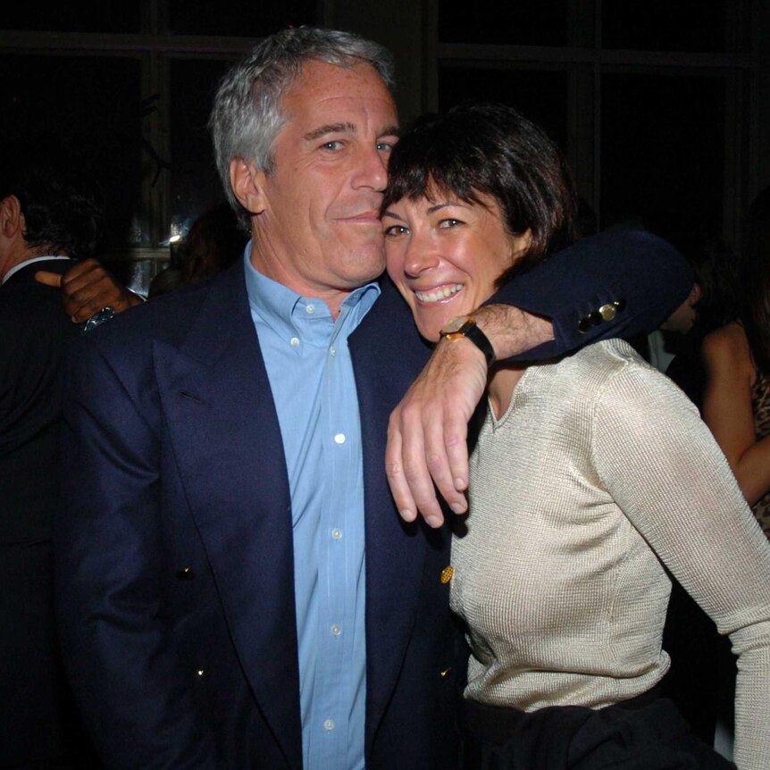 Jeffrey Epstein hugs Ghislaine Maxwell at a party, with an arm around her shoulders