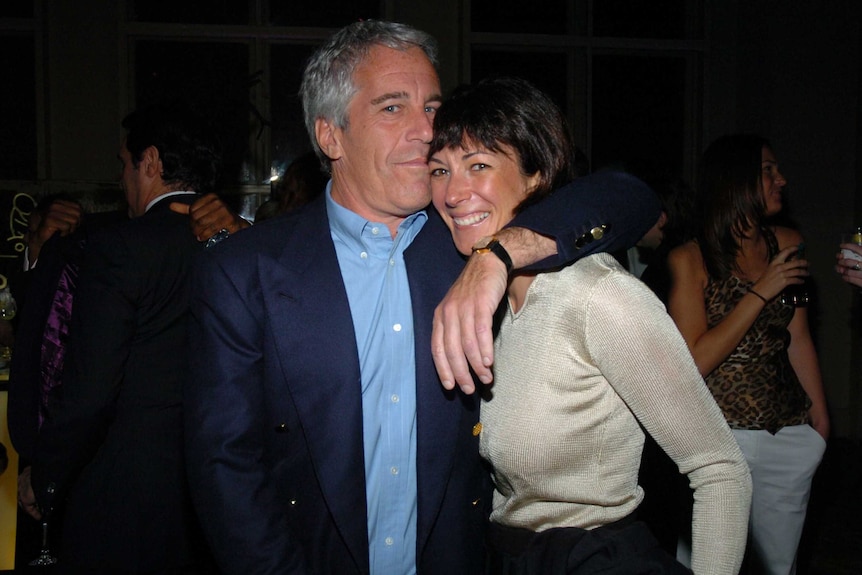 Jeffrey Epstein hugs Ghislaine Maxwell at a party, with an arm around her shoulders