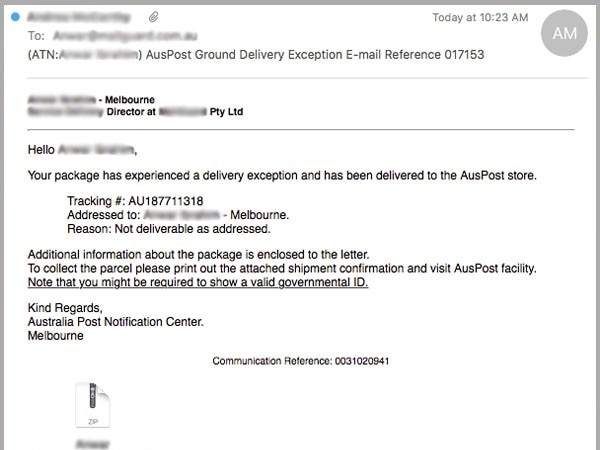 An example of an Australia Post scam ransomware email