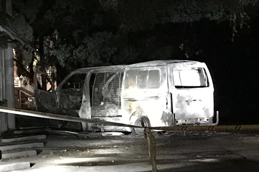 Close up of burnt-out van at the Australian Christian Lobby headquarters in Canberra