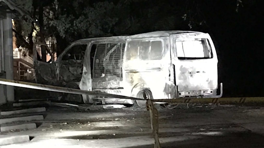 Close up of burnt-out van at the Australian Christian Lobby headquarters in Canberra