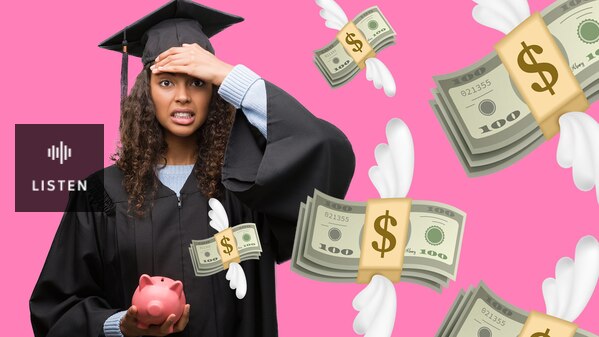 Woman holds piggy bank and looks stressed. She wears graduation gown and mortarboard. Graphics of flying money fly passed her. Has Audio.